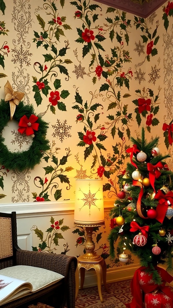 Victorian Christmas Wallpaper Design Victorian Christmas wallpaper with holly and snowflakes in a cozy decorated room.